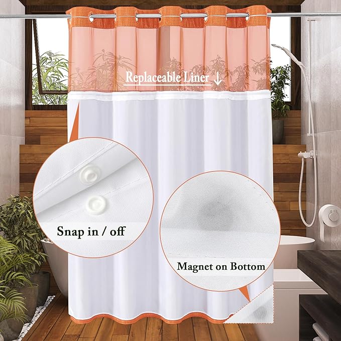 Gibelle No Hook Waffle Weave Shower Curtain with Snap-in Fabric Liner Set for Bathroom, Hotel Style with Mesh Top Window, Waterproof & Washable, Burnt Orange, 72x74