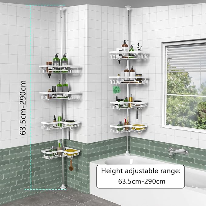 KEGII Corner Shower Caddy Tension Pole - 4-Tier Rustproof Bathroom Organizer, Floor to Ceiling Shower Caddy 25-114.2 inch, No Drilling Shower Storage Rack for Shampoo, Towels (Matte White)