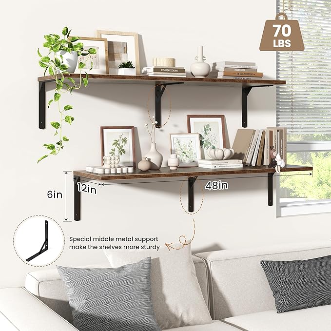 Fun Memories Rustic Brown 12 Inch Deep Floating Shelves Set of 2, Wall Mounted Shelf with Metal Brackets, Rustic Wood Wall Shelf for Bathroom, Kitchen and Living Room, Rustic Brown, 48W x 12D