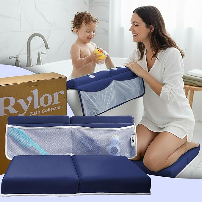 Rylor Baby Bath Kneeler & Elbow Rest Pad - Extra Thick Foam Cushion for Bathing Infants & Toddlers - Non-Slip, Comfortable Support (Blue)