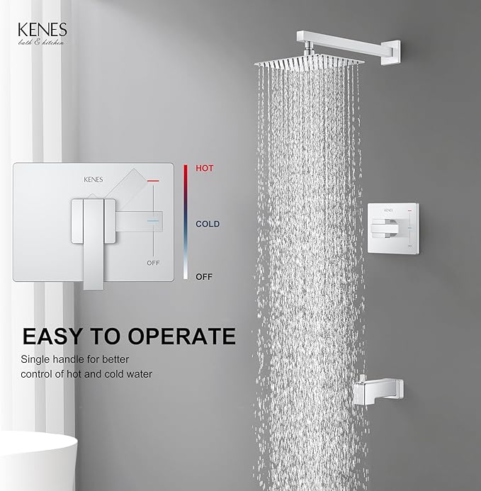 KENES Polished Chrome Tub and Shower Trim Kit, Tub Shower Faucet Set Complete with 10-Inch Rainfall Shower Head and Tub Spout, KE-6024A-5 (Shower Valve Included)