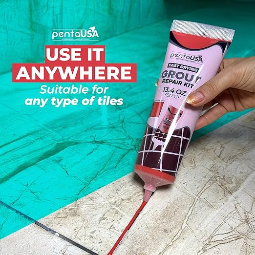 PentaUSA Tile Grout - Large Grout Filler Repairs Renews Tube, Fast Drying Grout Repair Kit, Odorless Formula - Grout Floater Included - 13.4oz / 380gr (Red)