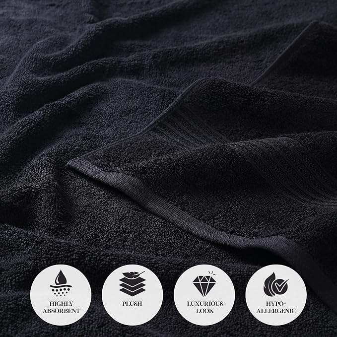 Superior Egyptian Cotton Bath Towel Set, Home Bathroom Towels, Master, Guest Bath, Decor Essentials, Quick Dry, Absorbent, Large Body Towels, Spa, Hotel, Resort, Adult, Kids, Set of 2, Black