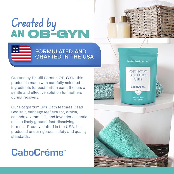 CaboCréme Postpartum Sitz + Bath Salts – 24oz – Postpartum Bath Soak for Perineal Care, Healing Tears, Swelling & Hemorrhoids – Dead Sea Salt with Magnesium – OB-GYN Created Recovery Essential