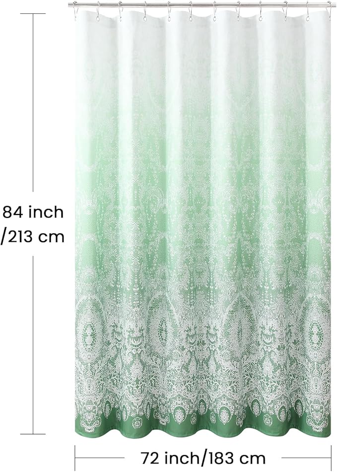 Extra Long Shower Curtain - Chantilly Lace Design, Heavyweight Polyester, Grass Green to White Ombre, 72" W x 84" H
