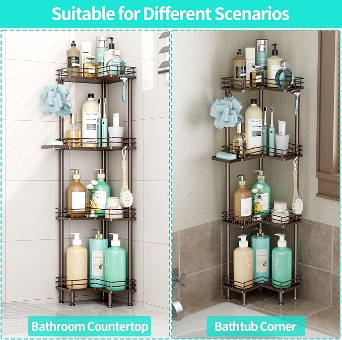 HapiRm Corner Shower Caddy Organizer - 4 Tier Shower Shelf Corner with Soap Holder, Rustproof Bathroom Standing Organizer with 4 Hooks, Bronze