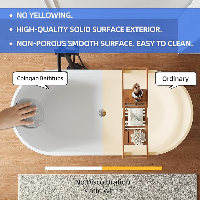 Cpingao 63" Stone Resin Freestanding Bathtub, Modern Oval Solid Surface Soaking Stand Alone Tub, Matte White, Drain & Overflow Included 8816-1600