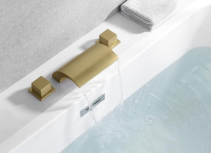 SUMERAIN Bathroom Roman Tub Faucet with Waterfall Spout, 3 Hole Deck Mount Bath Tub Filler Brushed Gold