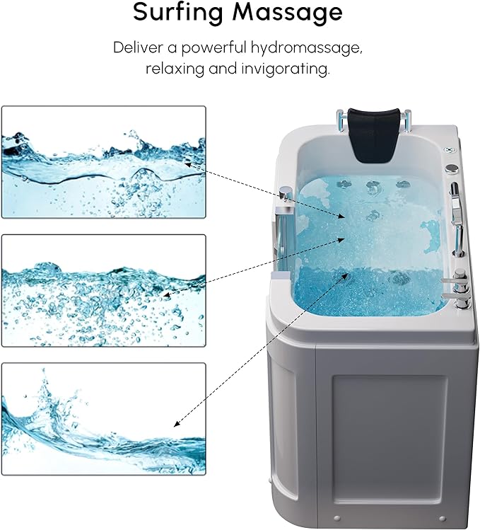 Homary Walk-In Bathtub for Seniors with Hydrotherapy Massage - Air Bubble Jets Bathtub, LED Chromatherapy Light, Thermostatic Faucet, Built-In Seat & Grab Bars, 3-Sided Apron Safety Tub for Elderly