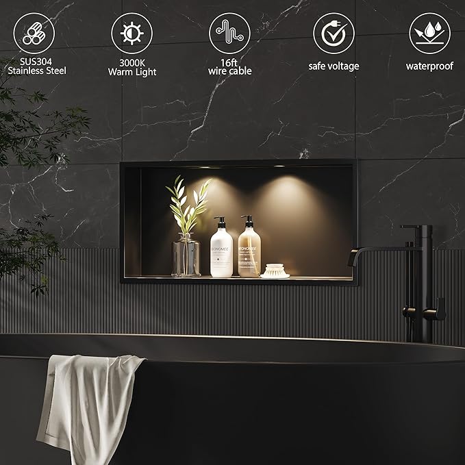 Neodrain Wall Niche with Non-dimmable LED Downlight, Matte Black Stainless Niche NO Tile Needed 24X12Inch Shower Niche, Built-in Recessed Cubby for Bathroom Storage