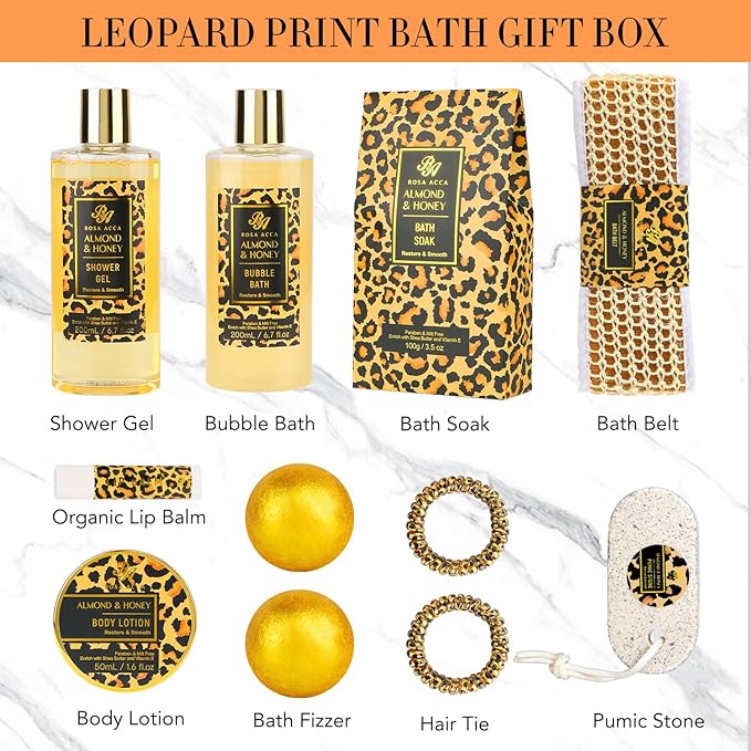 Christmas Gifts for Women, Bath Gift Set, Leopard XXL 20 Pcs Skin Care Set, Slef Care Gifts Set , Mother's Day, Valentine, Birthday, Home Spa Kit, Shower Gel, Body Lotion, Shower Cap,Manicure Set