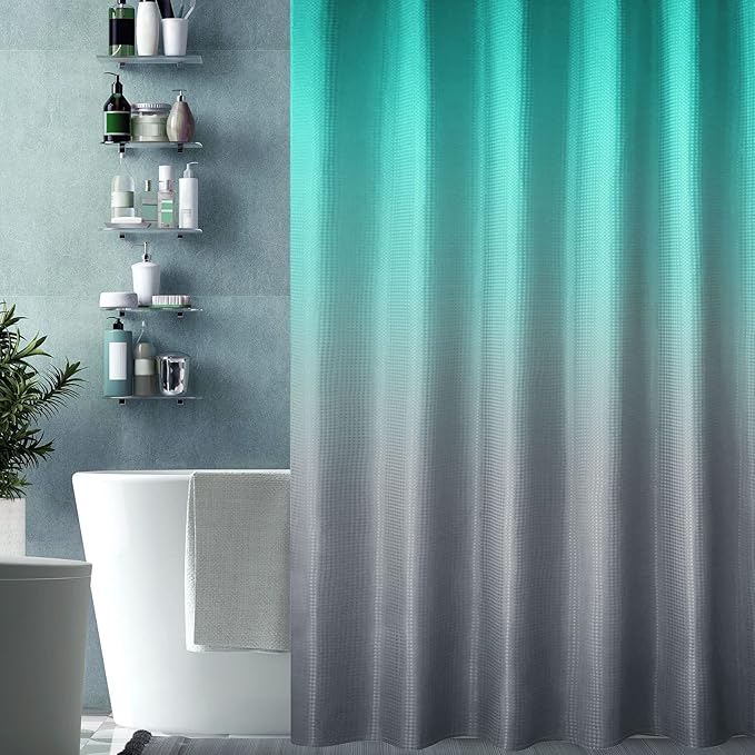 Gibelle Ombre Shower Curtain, Teal Grey Gradient Fabric Shower Curtain, Waffle Weave Textured Bathroom Curtains Shower Set with Hooks, Water Repellent and Machine Washable, 72 x 72