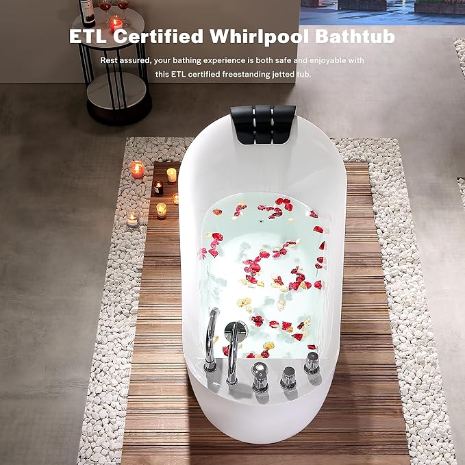 Empava 67 inch Acrylic Freestanding Whirlpool Bathtub with Hydromassage Gracefully Oval Shaped Adjustable Water Jets Soaking SPA, Single-Ended Massage Bathtubs with Black Pillow, ETL Certified, White