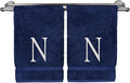 Monogrammed Hand Towel, Personalized Initial Gift, Extra Absorbent 100% Turkish Cotton - Soft Terry Finish - Set of 2 - White Block Initial N - Embroidered on Navy Blue Towels