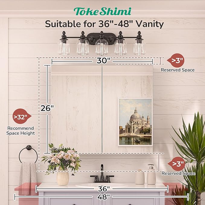 TokeShimi 30 x 26 Silver Aluminum Medicine Cabinet Mirror for Bathroom Surface Mount or Recessed with Stepless Adjustable Shelves Modern Farmhouse