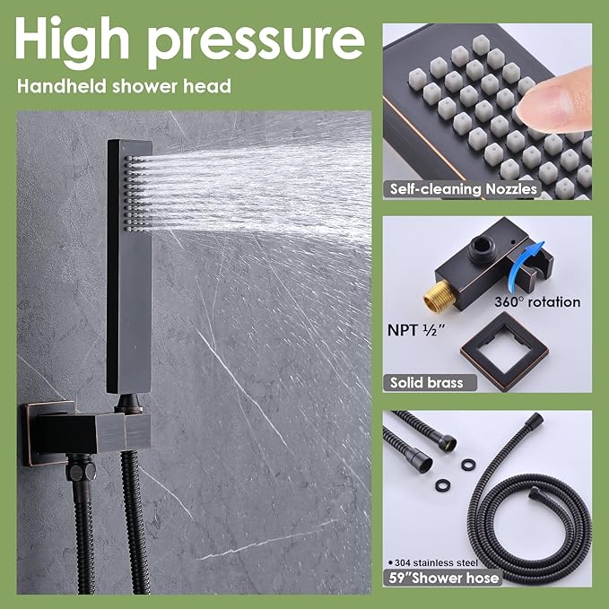Enga Rainfall Shower System with 6 Body Jets 12" Ceiling Mount Rain Shower, Multi Shower Head System Shower Contain Rough-in Shower Valve, Oil Rubbed Bronze