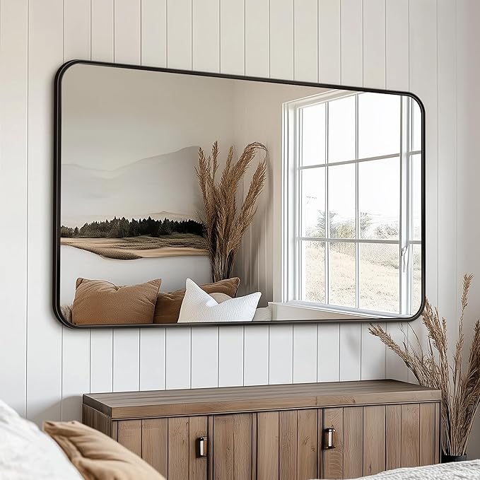 Antok Bathroom Mirror,50"x30" Wall Mirror, Decorative Mirrors Vanity Mirror Aluminum Alloy Frame Contemporary Hanging Mirror for Living Room Bathroom Entryway,Black,Round Corner