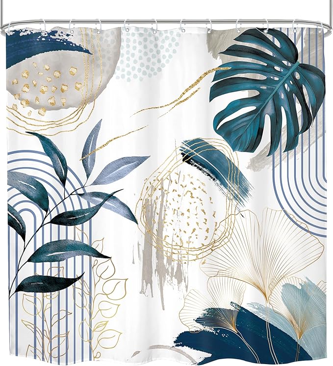 Navy Blue Boho Shower Curtain 72Wx72H Modern Mid Century Abstract Gold Tropical Leaves Palm Minimalist Plant Geometric Arch Bathroom Decor Botanical Bath Curtain Fabric Polyester 12 Pack Hooks