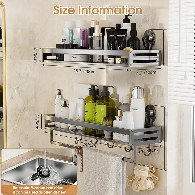 Shower Caddy Suction Cup, 15.8 inch 2 Pack Suction Shower Shelf with Hooks NO-Drilling Bathroom Holder, Rustproof Bathroom Organizer, Includes 2 Extra Suction Cups, Dark Grey