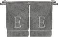 Monogrammed Hand Towel, Personalized Initial Gift, Extra Absorbent 100% Turkish Cotton - Soft Terry Finish - Set of 2 - Silver Block Initial E - Embroidered on Grey Towels