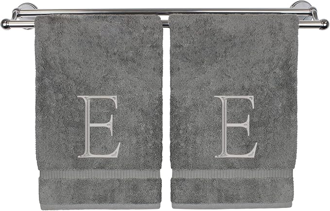 Monogrammed Hand Towel, Personalized Initial Gift, Extra Absorbent 100% Turkish Cotton - Soft Terry Finish - Set of 2 - Silver Block Initial E - Embroidered on Grey Towels
