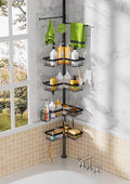Tension Rod Shower Caddy Corner - Tension Pole Shower Caddy with 2 Towel Bars & Toothbrush Holder, Black Bathtub Organizers and Storage Corner Stainless Steel(Tall 25 to 114.2 Inches)