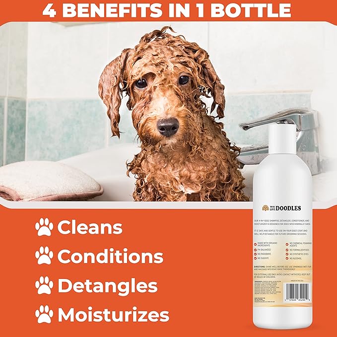 We Love Doodles Pet Rubber Bath Brush and Dog Shampoo (Bundle) - for Shower Scrubbing & Soothing Massage and Organic Dog Shampoo, Conditioner & Detangler - Made in The USA