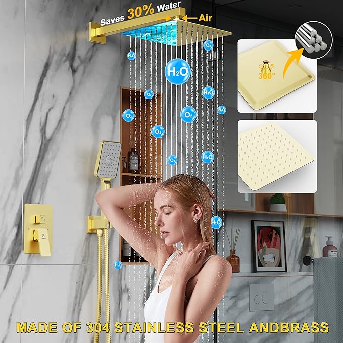 Shower System 10IN Modern Rain Brass Faucet Set With Valve and Diverter Shower Mixer With Handheld High Pressure Square Rainfall Shower Valve (10'' Wall Mount, Brushed Gold)