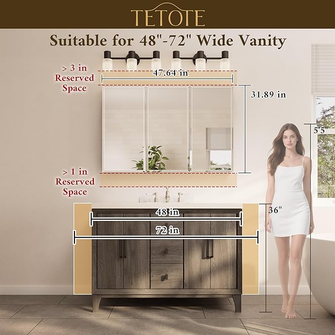 TETOTE 48 x 32 Bathroom Vanity Mirror Cabinet with Tempered Beveled Mirror Black Medicine Cabinet Aluminum Cabinet DTC Hinges, Stepless Adjustable Shelves, Recessed/Surface-Mounted