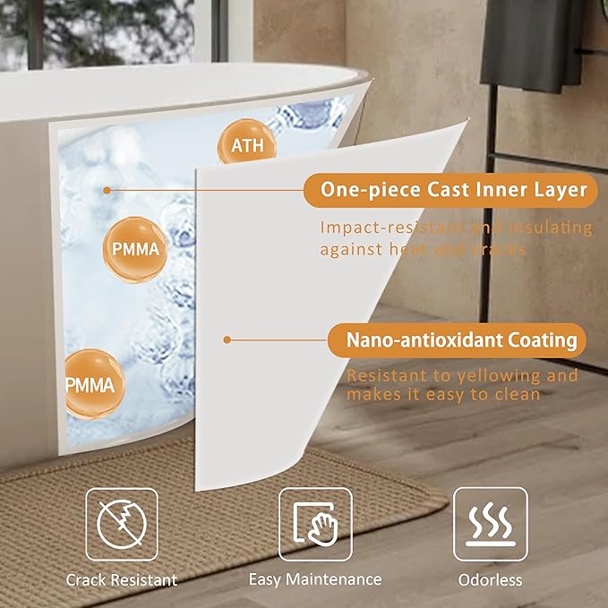 Abruzzo 65" Glossy White Freestanding Solid Surface Bathtub, Luxury Handcrafted Stone Resin Freestanding Soaking Bathtub with Overflow and Pop-up Drain