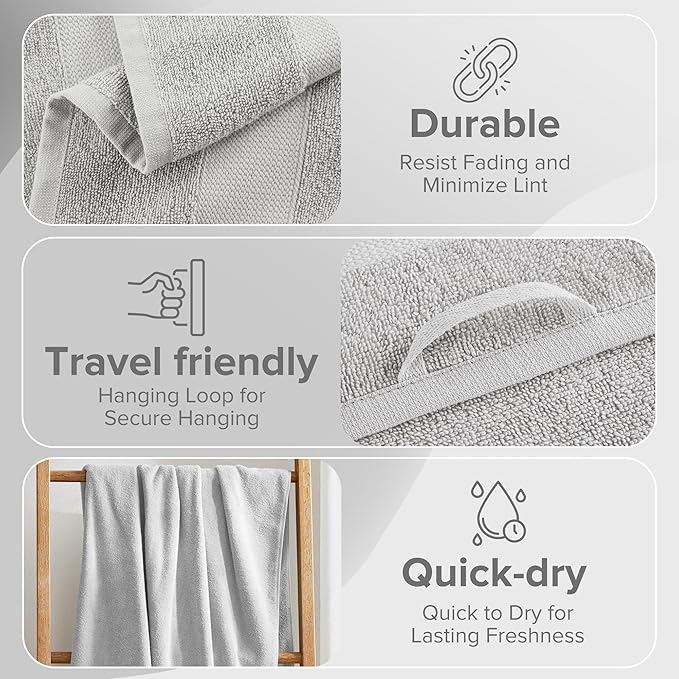 Comfort Spaces Turkish Bath Towel Set of 4 Piece 27x54 Medium 100% Cotton Towels Highly Absorbent Soft Quick Dry Shower for Bathroom Spa Light Grey