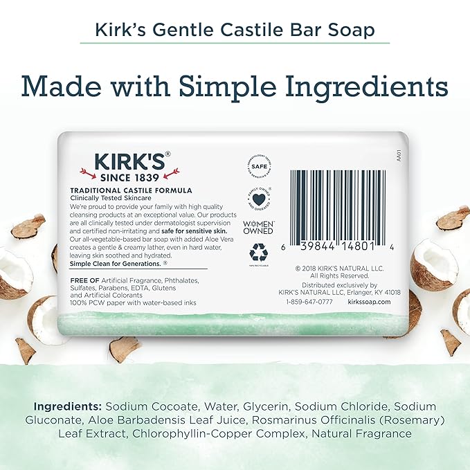 Kirk's Natural Original Coco Castile Soap with Aloe Vera, Pack of 3