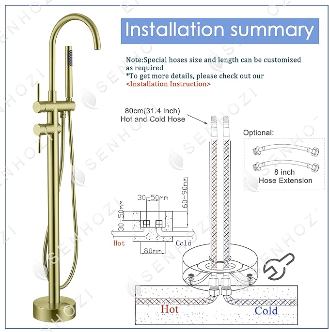 Freestanding Tub Faucet Floor Mount Tub Fillers, Senhozi Brushed Gold Free Standing Tub Faucets, Mixer Tap Two Handle Gold Freestanding Bathtub Faucet with Hand Shower, SE-3001-BG