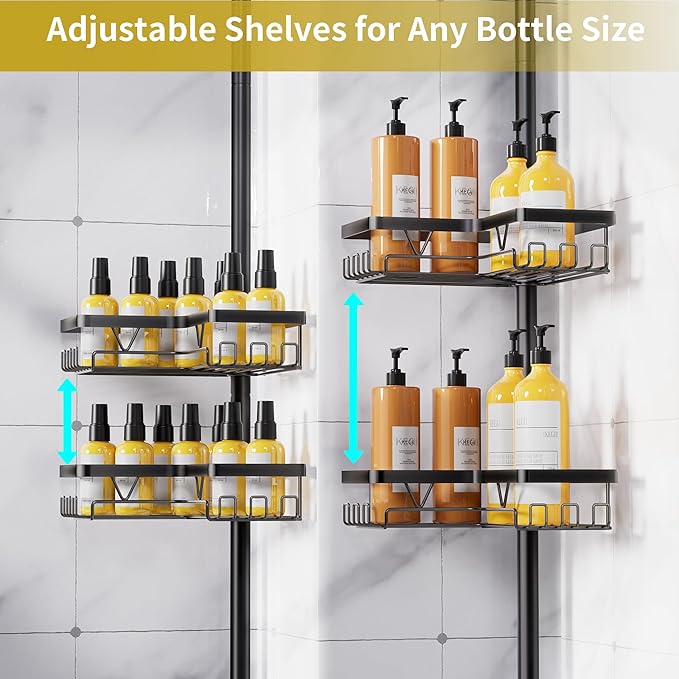KEGII Corner Shower Caddy Tension Pole, Adjustable Bathroom Organizer Shelf with Toothbrush Holder, Floor to Ceiling Shower Organizer 25-114.2 Inch, Bathtub Storage Rack for Renters, Family