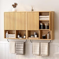 Fluted Wall Cabinet Set of 2, Wooden Bathroom Medicine Cabinet Storage with 2 Doors, Adjustable Shelf and Towels Bar, Modern Wall Mount Large Floating Cabinet for Kitchen Natural Oak