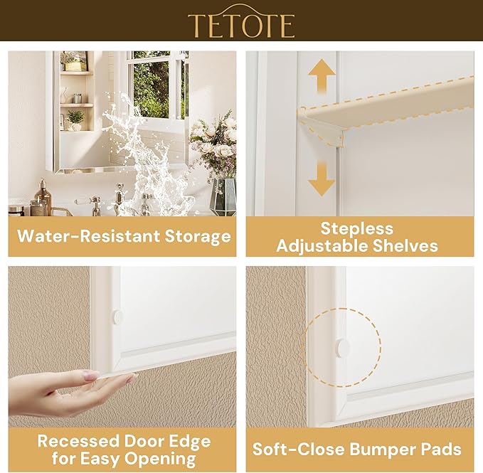 TETOTE 40 x 32 Medicine Cabinet with Tempered Beveled Mirror White Bathroom Mirror with Storage Aluminum Cabinet DTC Hinges, Stepless Adjustable Shelves, Recessed/Surface-Mounted