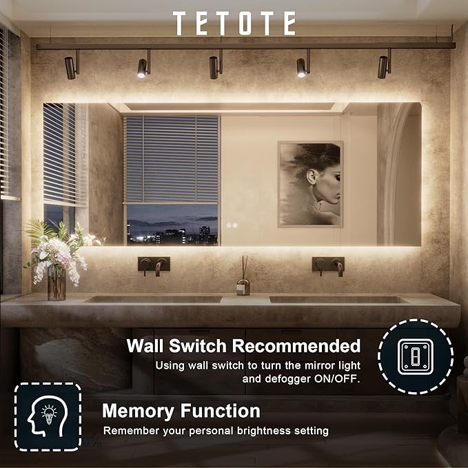TETOTE 60 x 36 Inch LED Backlit Bathroom Mirror with Lights, 3Color White/Warm/Natural, Anti-Fog Lighted Mirror,Dimmable,Vanity Mirror,Wall Mounted