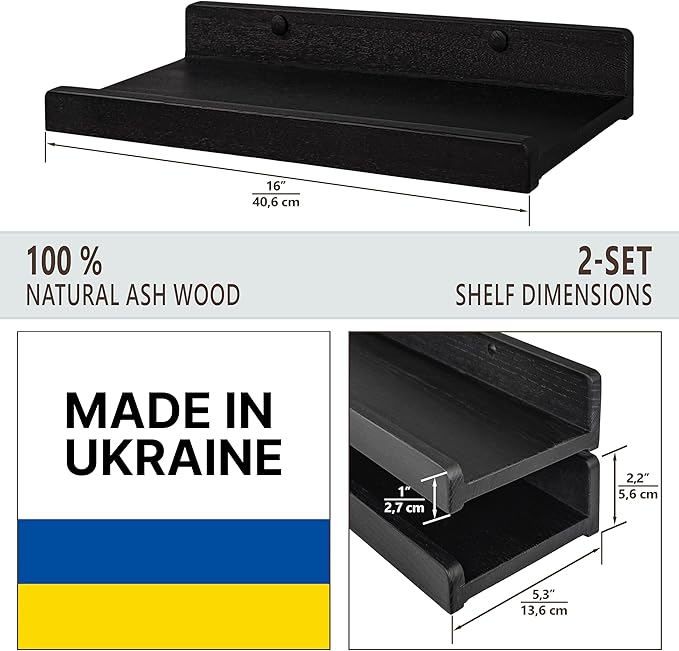 Floating Shelves for Wall 16 inch, Waterproof, Wall Storage Shelves with Lip, Display Picture Ledge Shelf for Living Room Photo Frame, Natural Wood Hanging Book Shelves (Black, Set 2)