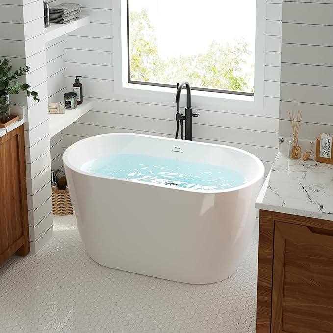 FerdY 47" Bali Acrylic Freestanding Bathtub, Gracefully Shaped Freestanding Soaking Bathtub, cUPC Certified, Toe-Tap Brushed Nickle Drain and Minimalist Linear Design Overflow Included