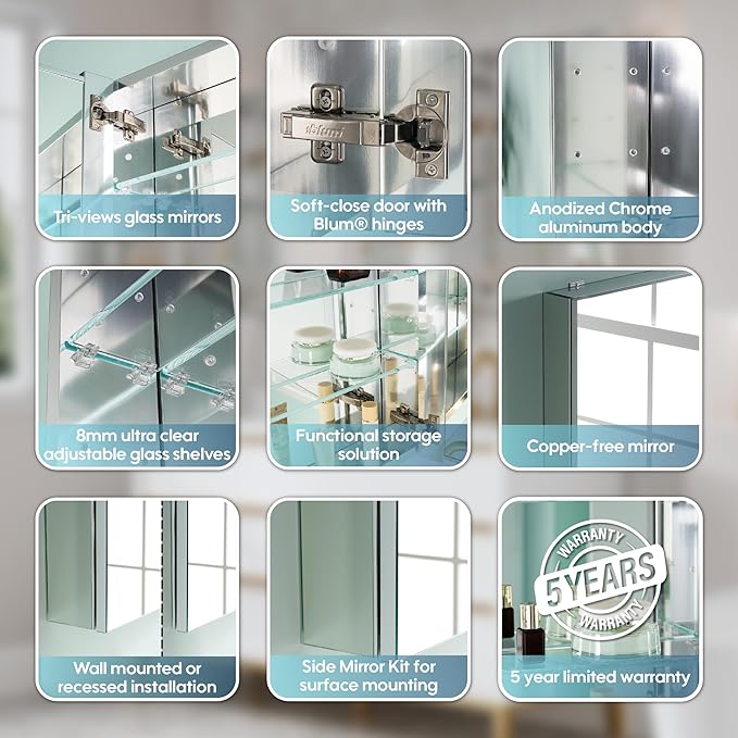 WELLFOR 60" x 30" Rectangle Medicine Cabinet Mirror, Surface Mount or Recessed Medicine Cabinet with Tempered Mirror, Anodized Chrome Aluminum Frame, Bathroom Mirror with Storage