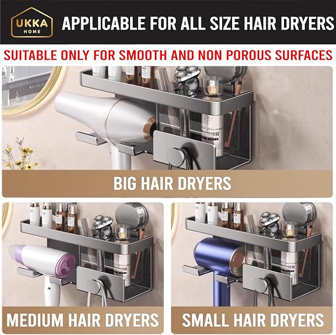 Suction Cup ALUMINUM Hair Dryer Storage Organizer with Shelf & Hooks for Bathroom. Reusable, Rustproof, No Drill, No Tools. Multifunctional, Hang Towel, Loofah, Sponge (2 Cups, Gray)