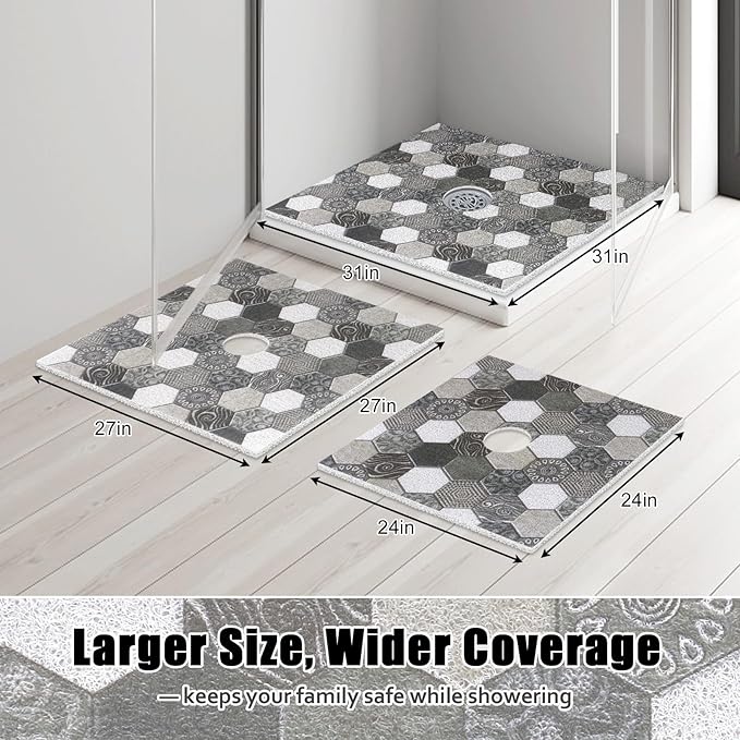 Square Shower Mat Non Slip: 31x31 Inch Extra Large Shower Floor Mat with Drain Hole in Middle - Soft PVC Loofah Bath Mat for Shower - Anti Slip Shower Stall Mat for Elderly and Kids