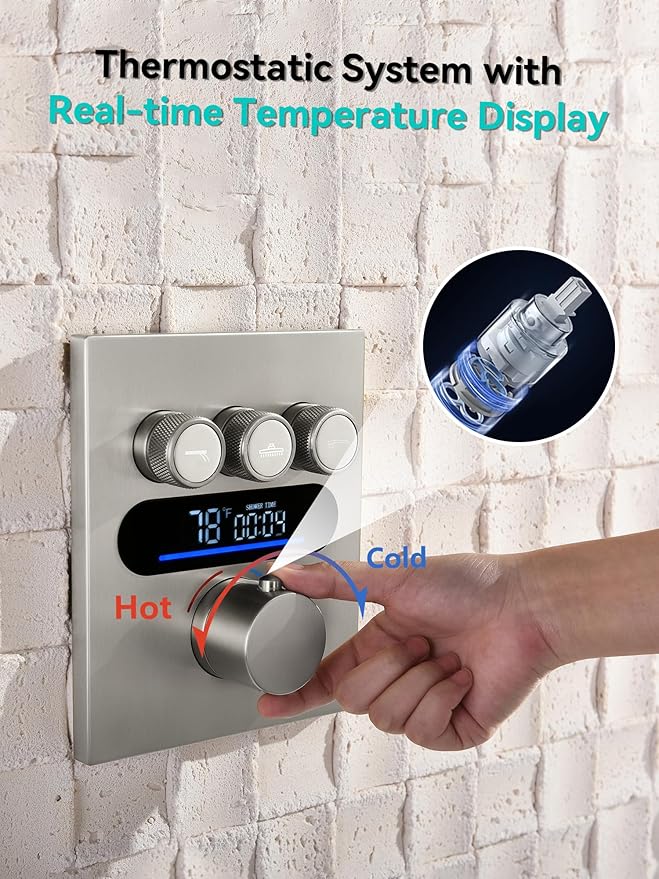 Lefton Shower System in Fahrenheit Display (Battery-free), 13” Overhead Round Rainfall Shower Head with All-in-one Handheld Spray Showerhead, 4-in-1 Control System, SSWM2501 (Brushed Nickel)