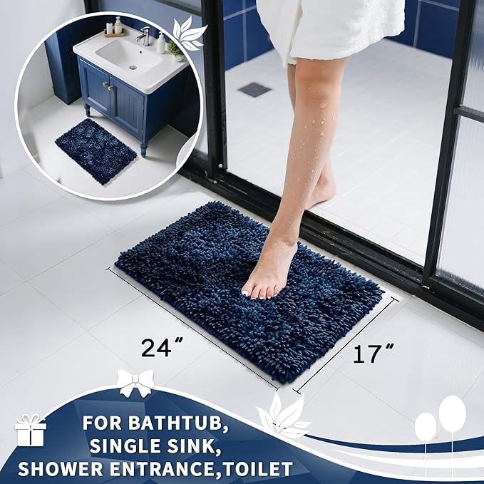 Yimobra Chenille Bathroom Rugs Non Slip, Extra Thick Soft Absorbent Bath Rug, Machine Washable Quick Dry Bath Mat for Bathroom Floor, Tub and Shower, Home Decor Accessories, 24x17, Navy Blue