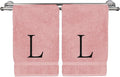 Monogrammed Hand Towel, Personalized Initial Gift, Extra Absorbent 100% Turkish Cotton - Soft Terry Finish - Set of 2 - Black Block Initial L - Embroidered on Pink Towels