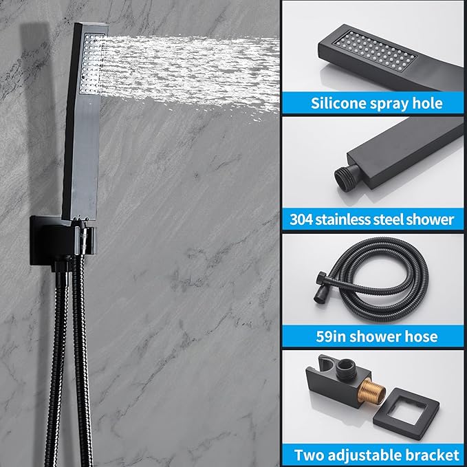 8 inch Matte Black Shower System with Tub Spout, Shower Faucet Set with Rain Shower Head and Handheld 3-Setting, Waterfall Bathtub Spout Rainfall Shower Combo Set for Bathroom Wall Mounted