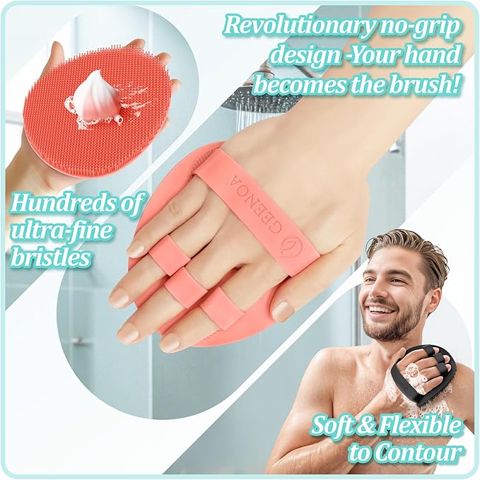 Silicone Back Scrubber & Soft Bath Glove 2PCS, 16''- 21''Extendable Back Scrubber with Dual-Side Large Head, 360° Anti-Slip Hand-fit Silicone Body Scrubber for Rich Foaming Deep Cleaning(Pink)