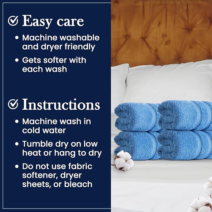 HALLEY Turkish 4 Pack Premium Hand Towels (4 Pieces) 650 GSM Highly Absorbent Super Soft 100% Cotton - 4 Hand Towels (Blue)