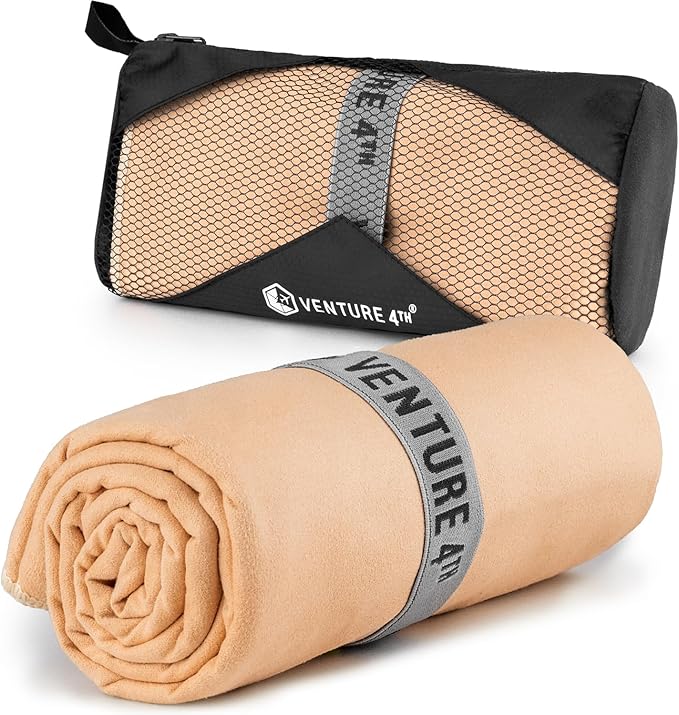 VENTURE 4TH Quick Dry Towel. Microfiber Travel Towel Ideal for Camping, Hiking, Backpacking, Gym. Lightweight & Fast Drying Travel Towels for Body. Compact & Easy to Pack - Beige Medium