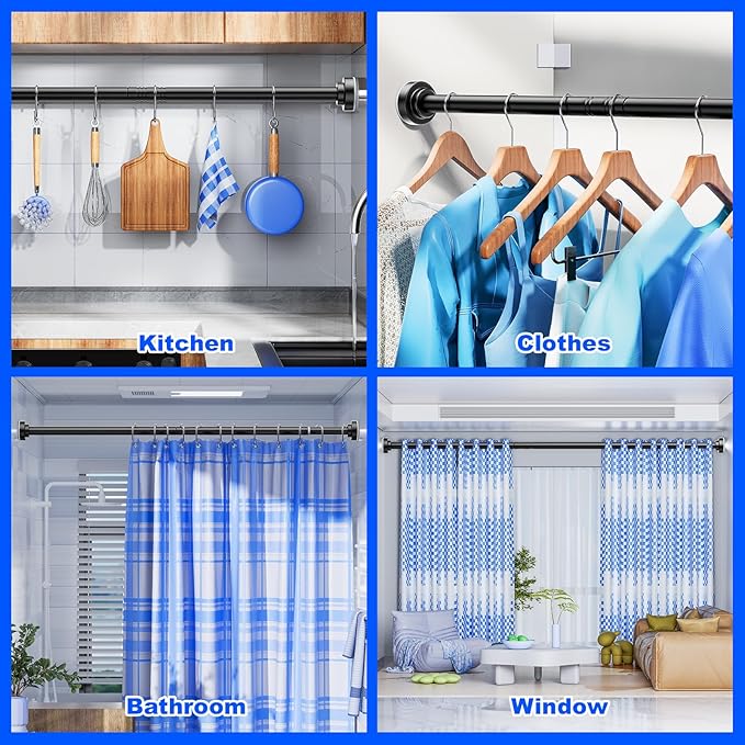 Ausemku Shower Curtain Rod - 32-68 Inch Rustproof Tension Rod, Non-Slip Spring Design, No Drilling Adjustable Curtain Rod for Bathroom, Kitchen, and Closet（Black）